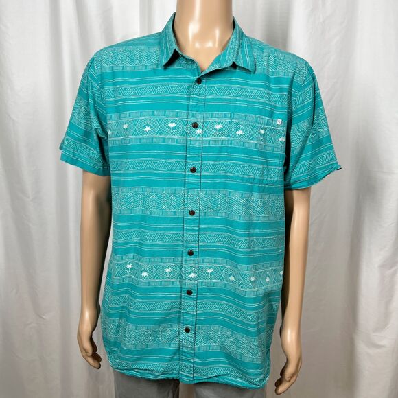Rip Curl Men's XL Blue Teal Aztec Tribal Stripe Short Sleeve Button-Up Shirt - Picture 1 of 7